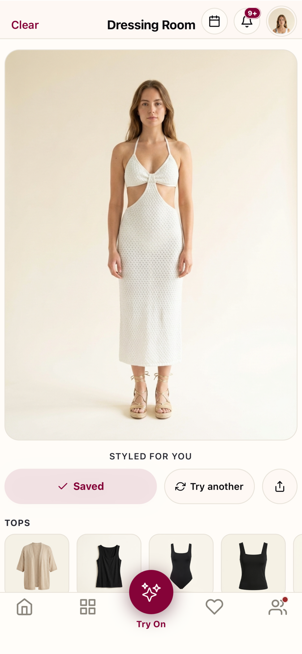 SyncedUp AI virtual try-on showing an outfit previewed on a user's own photo
