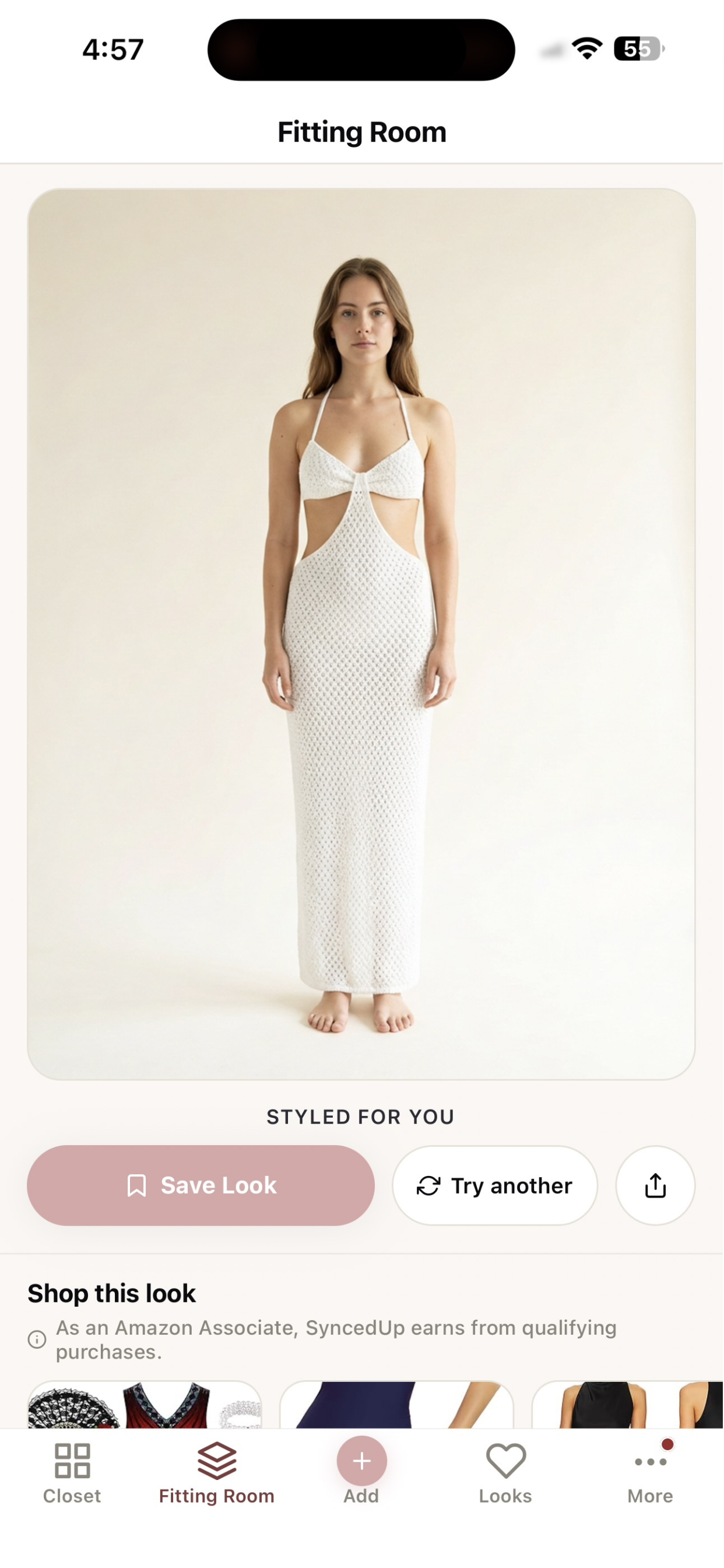 Try on a white crochet midi dress in the Fitting Room