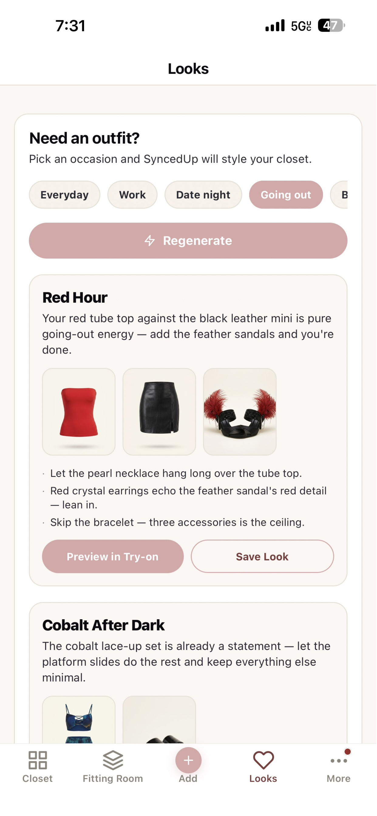 Looks tab — outfit recipes built from your closet