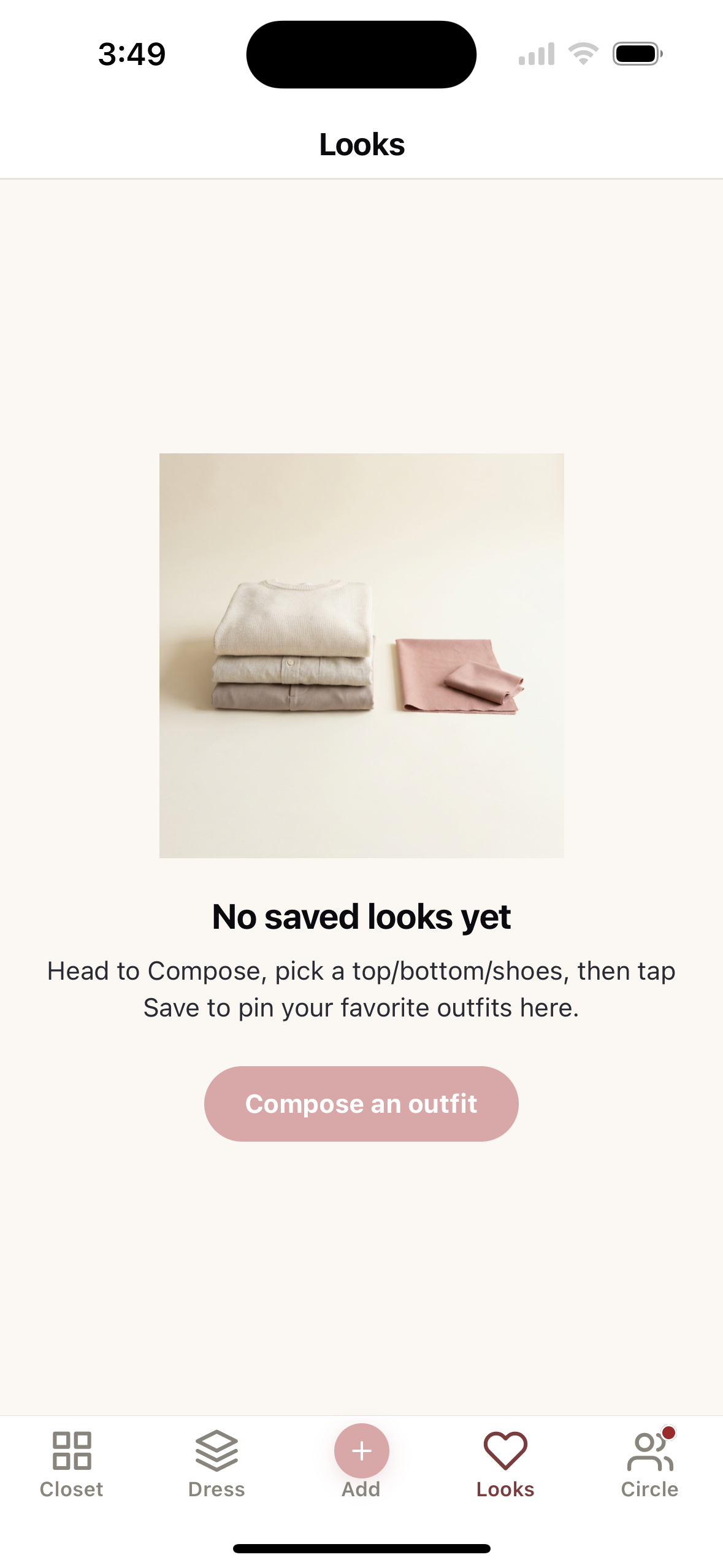 Looks tab — saved outfit library